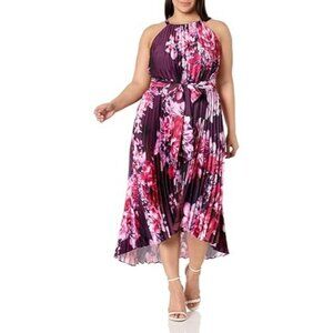 Avenue Demi Pleated Dress Halter Floral Dress Plum Size 14 NEW
